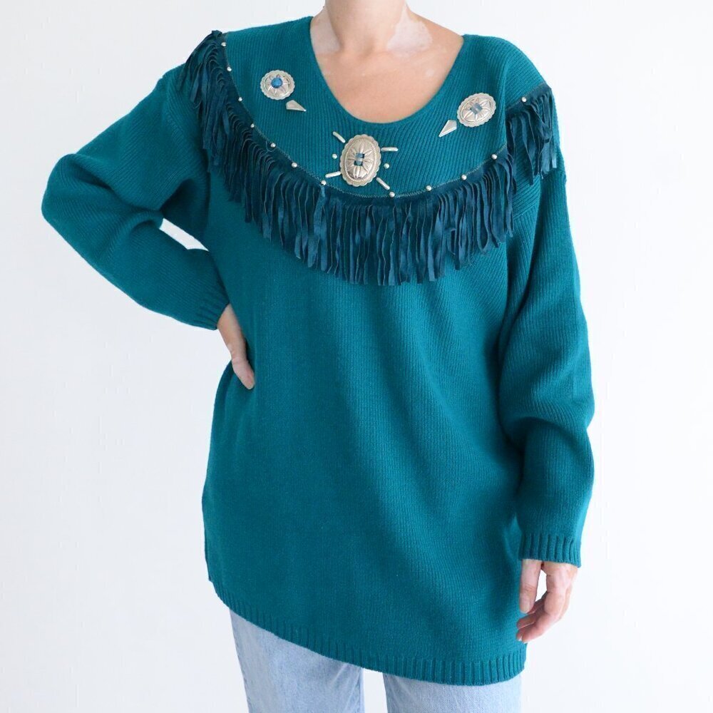 Vintage Cover Charge Teal Western Fringe Cowgirl Long Sleeve Shirt L